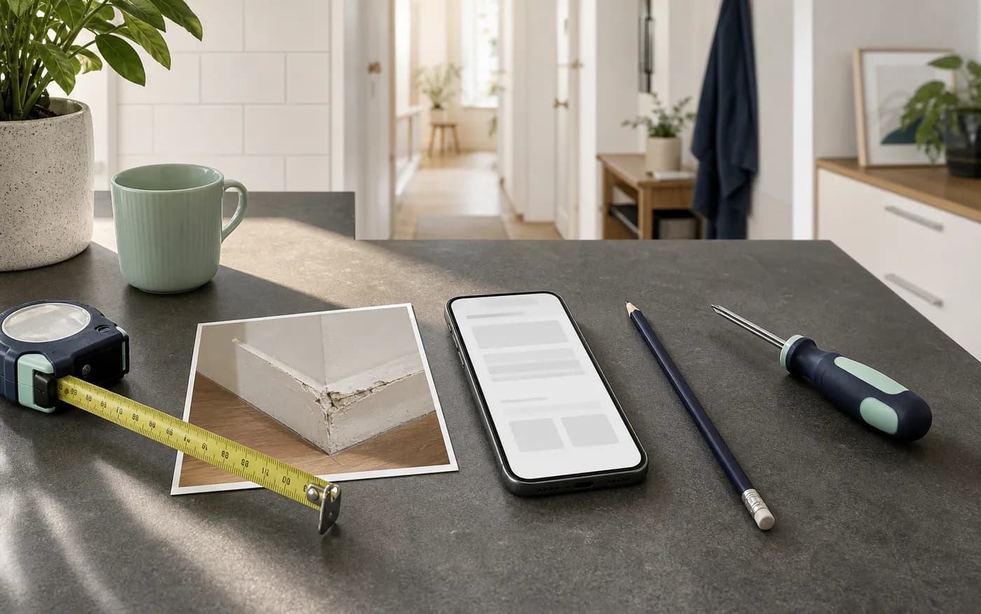 Smartphone, Foto eines Reparaturfalls und Werkzeug als Vorbereitung einer Handwerkeranfrage